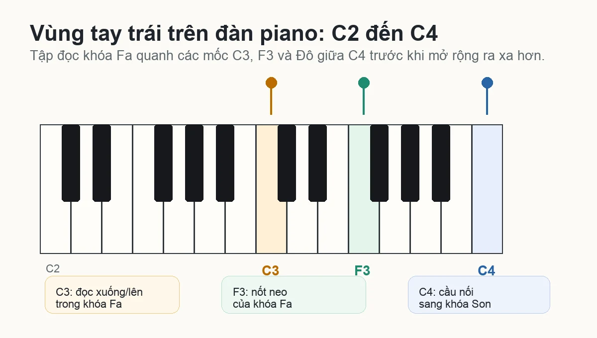 Sơ đồ bàn phím piano đánh dấu C3 F3 và Đô giữa C4 cho tay trái