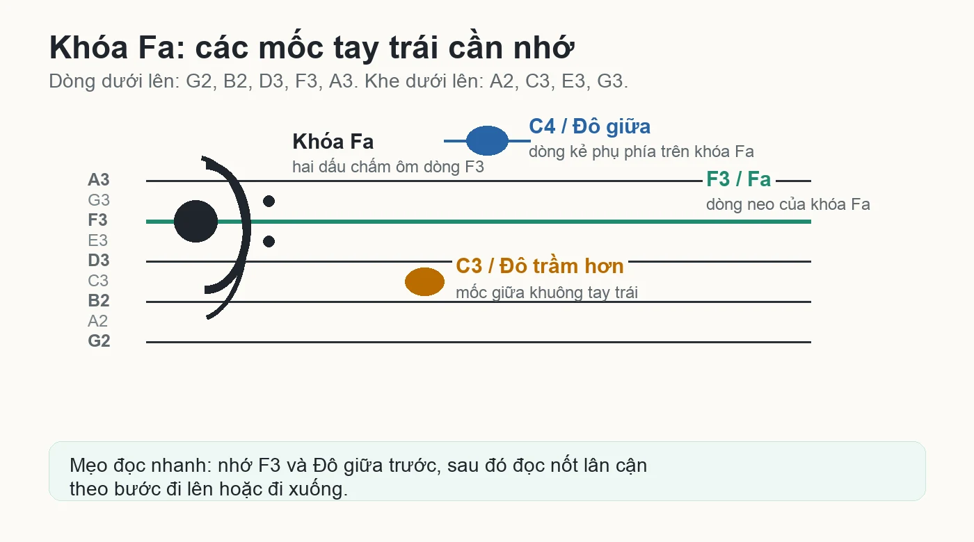 Sơ đồ khóa Fa với các mốc F3 C3 và Đô giữa cho tay trái piano