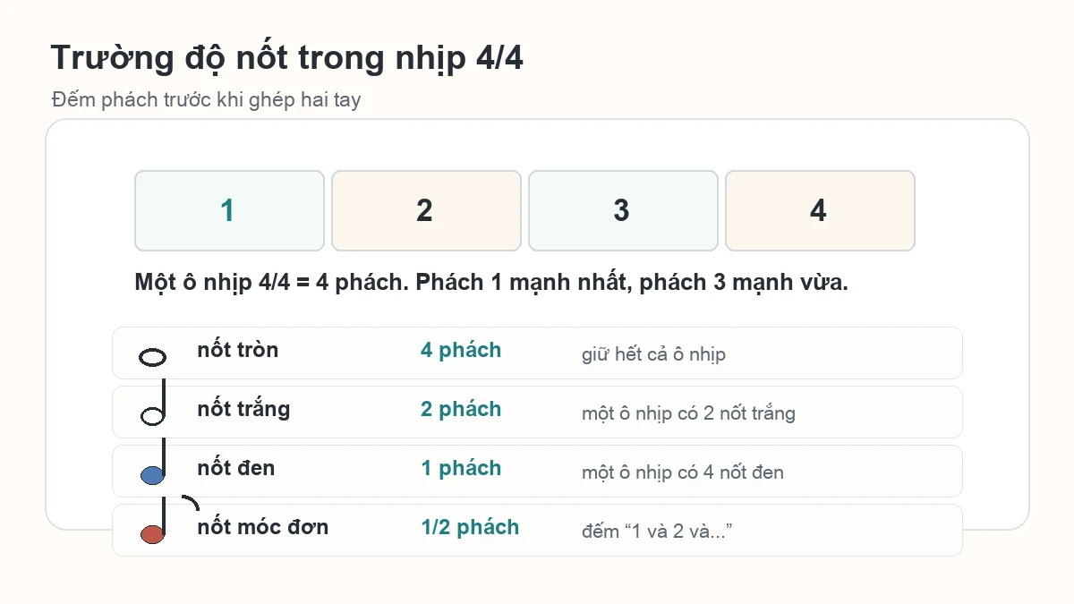 Bảng trường độ nốt tròn, nốt trắng, nốt đen và nốt móc đơn trong nhịp 4/4