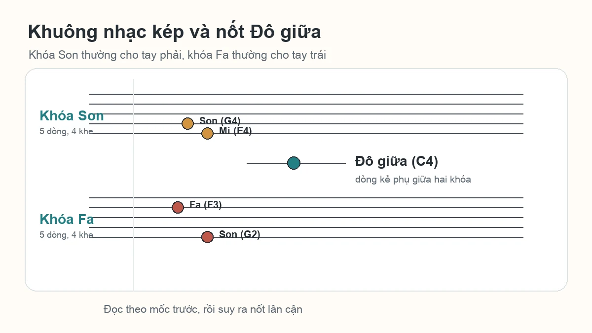 Sơ đồ khuông nhạc kép, khóa Son, khóa Fa và nốt Đô giữa cho người mới đọc sheet nhạc piano