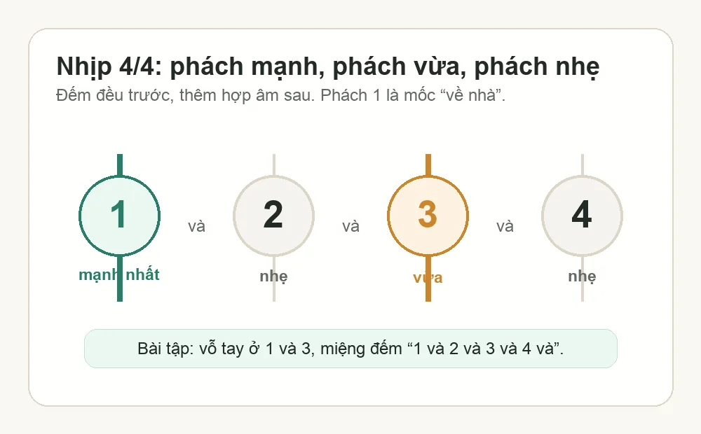 Sơ đồ phách mạnh và phách nhẹ trong nhịp 4/4 để tập giữ nhịp khi chơi đàn