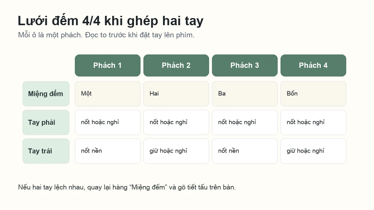 Lưới đếm 4/4 giúp ghép hai tay piano đúng phách