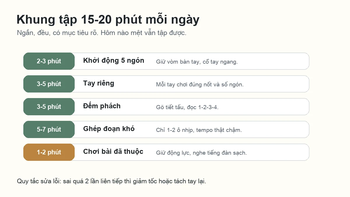 Khung tập piano 15-20 phút mỗi ngày cho người mới ghép hai tay