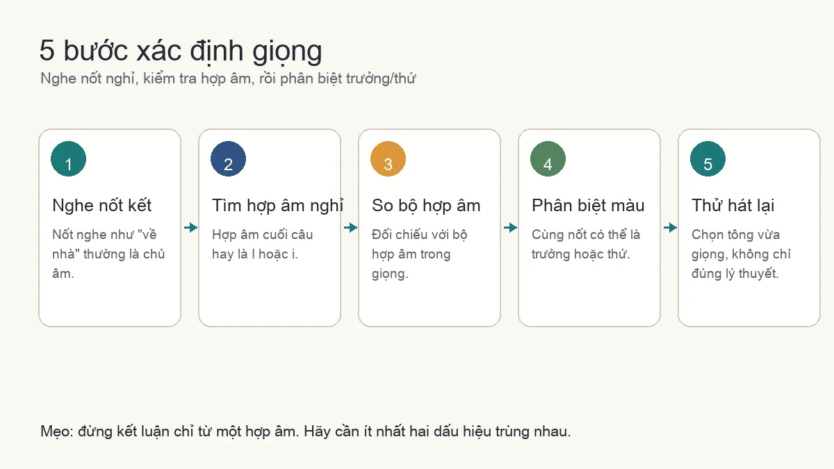 Sơ đồ 5 bước xác định giọng của bài hát bằng nốt kết, hợp âm nghỉ và bộ hợp âm