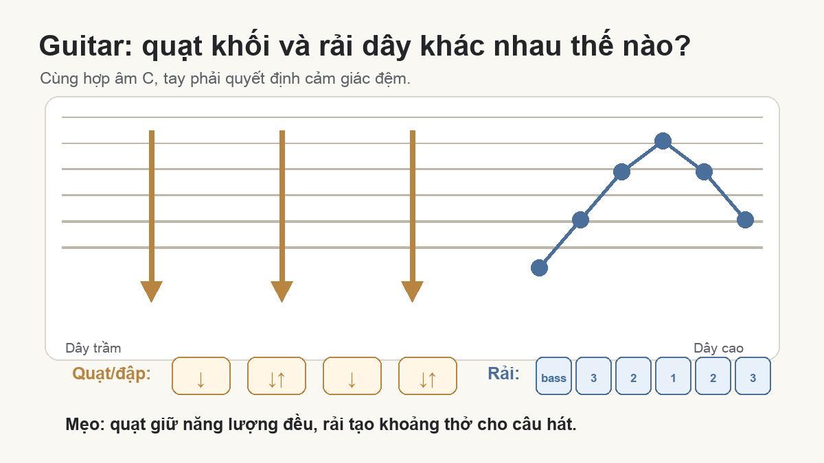 Sơ đồ guitar quạt đập hợp âm và rải dây bass 3 2 1 cho người mới