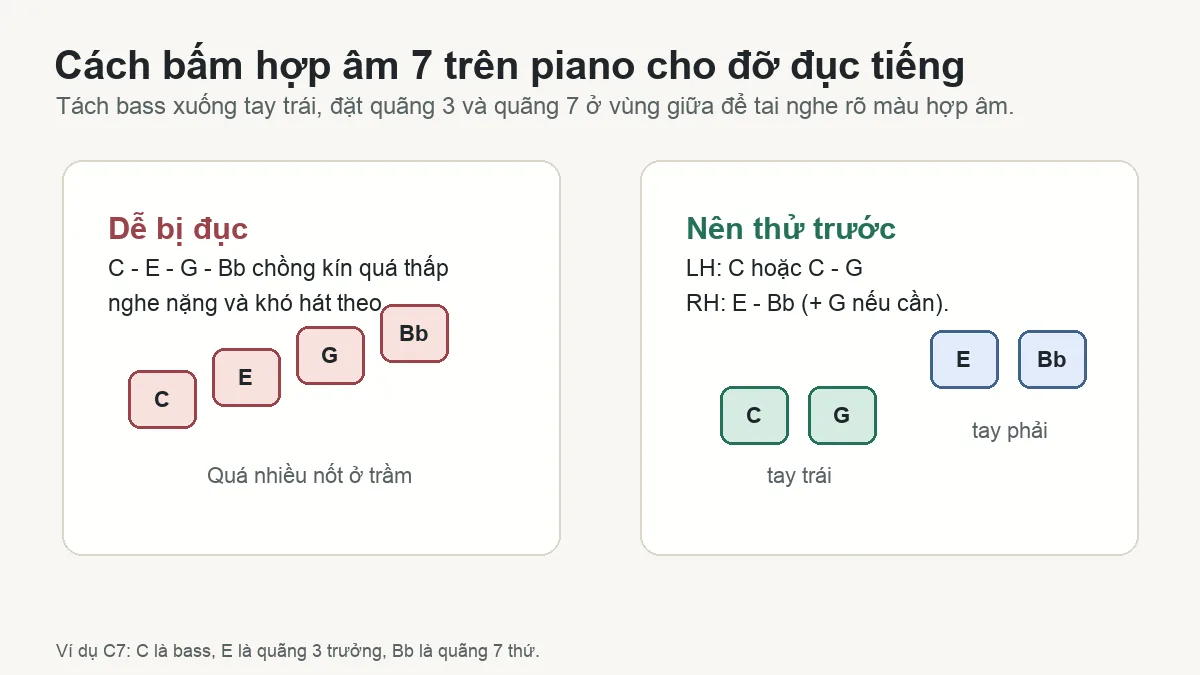 Sơ đồ tách bass và quãng ba, quãng bảy khi bấm C7 trên piano