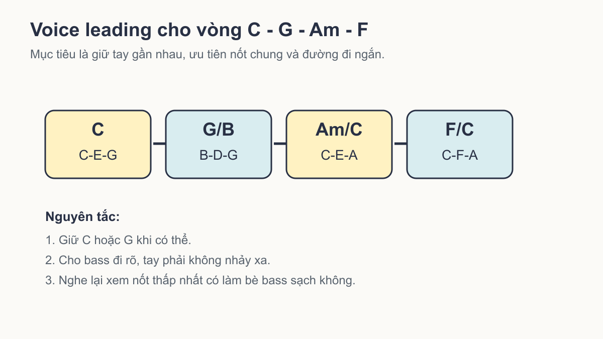 Sơ đồ voice leading cho vòng hợp âm C-G-Am-F bằng hợp âm đảo