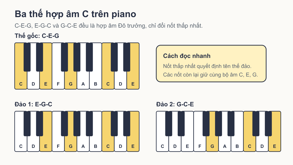 Sơ đồ hợp âm đảo C trưởng trên piano gồm C-E-G, E-G-C và G-C-E
