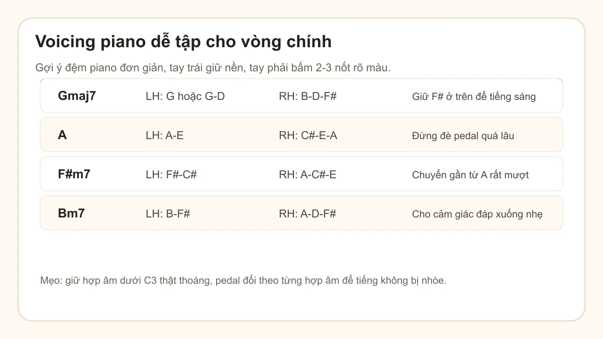 Voicing piano dễ tập cho các hợp âm Gmaj7 A F#m7 Bm7