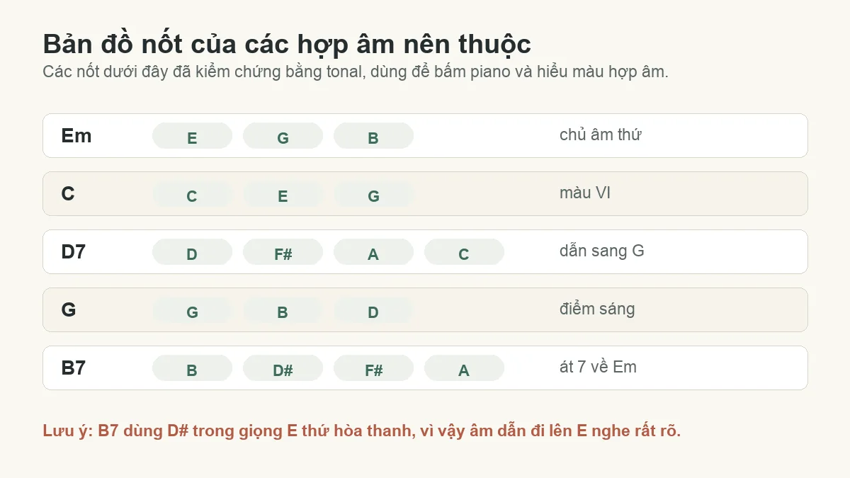 Bản đồ nốt của các hợp âm Kandagawa gồm Em C D7 G và B7