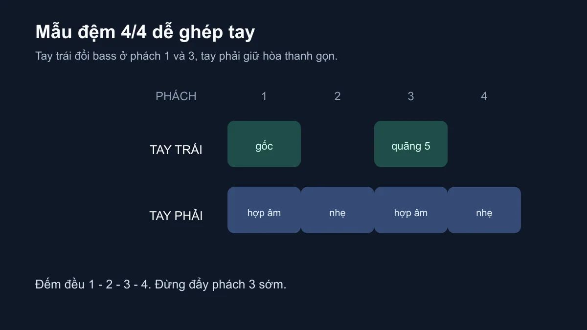 Mẫu đệm piano nhịp 4 trên 4 với bass ở phách một và ba