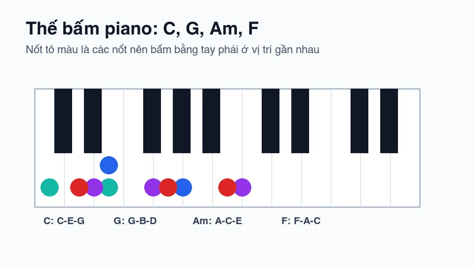 Sơ đồ thế bấm piano cho C G Am F trong Soar On Eagles Wings