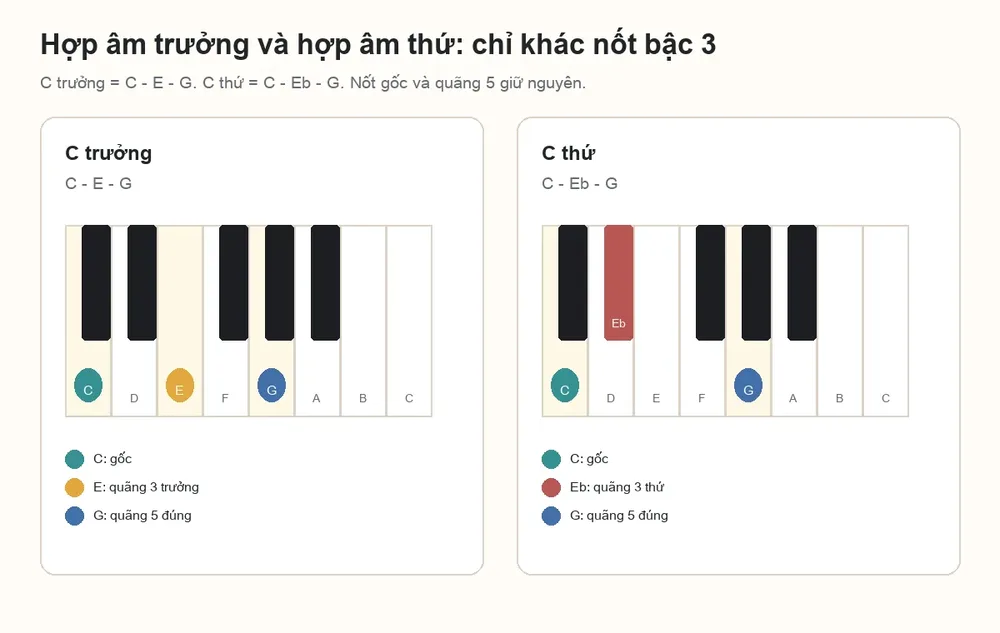 Sơ đồ phím piano so sánh hợp âm C trưởng và C thứ