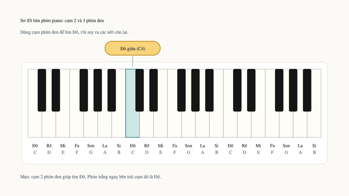 Sơ đồ bàn phím piano với cụm 2 và 3 phím đen để tìm nốt Đô giữa
