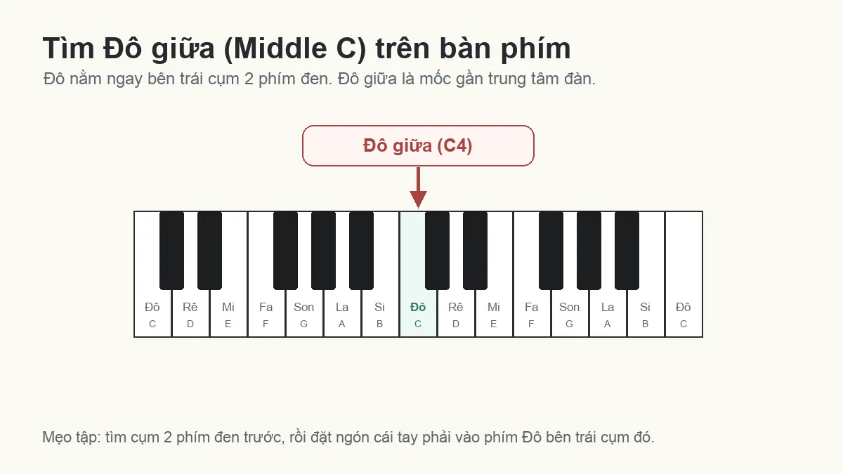 Sơ đồ tìm Đô giữa C4 trên bàn phím piano