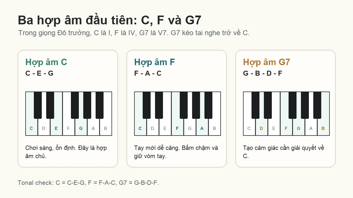 Sơ đồ hợp âm piano C F và G7 cho người mới