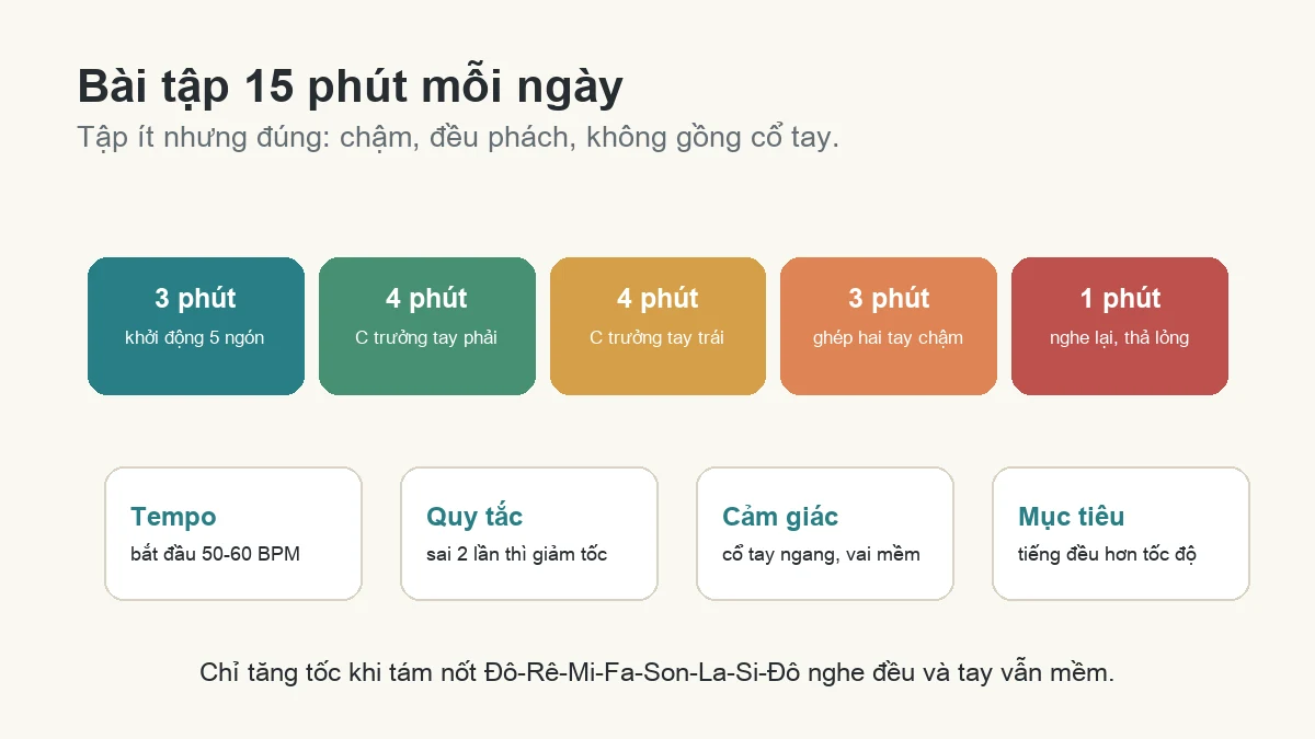 Lịch tập 15 phút mỗi ngày cho kỹ thuật ngón cái luồn khi chạy gam piano