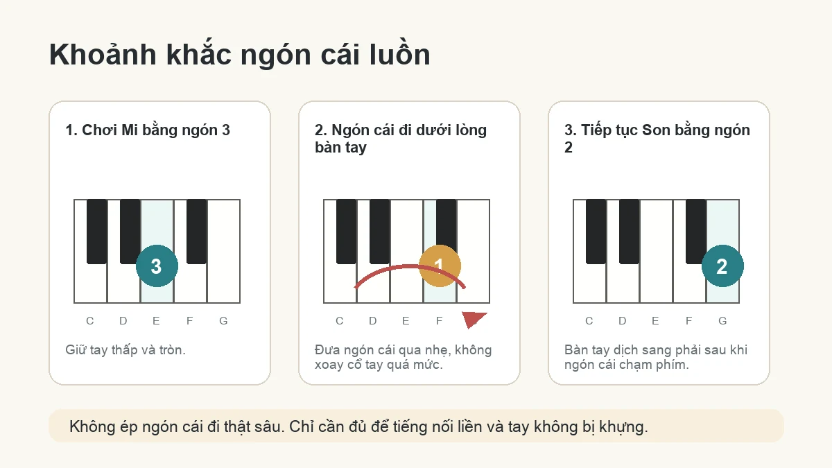 Ba bước mô tả khoảnh khắc ngón cái luồn từ Mi sang Fa khi chạy gam piano