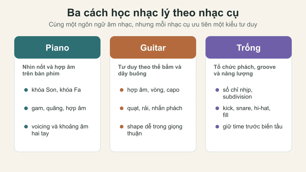 Sơ đồ so sánh cách học nhạc lý cho piano guitar và trống