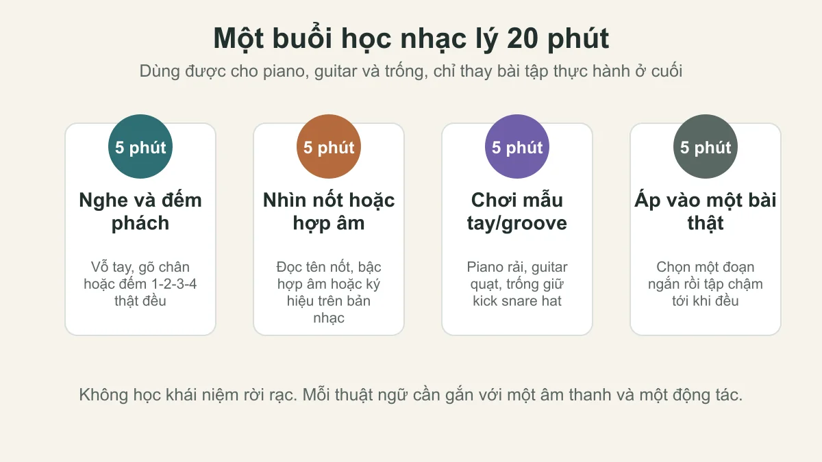 Lộ trình học nhạc lý 20 phút cho piano guitar và trống