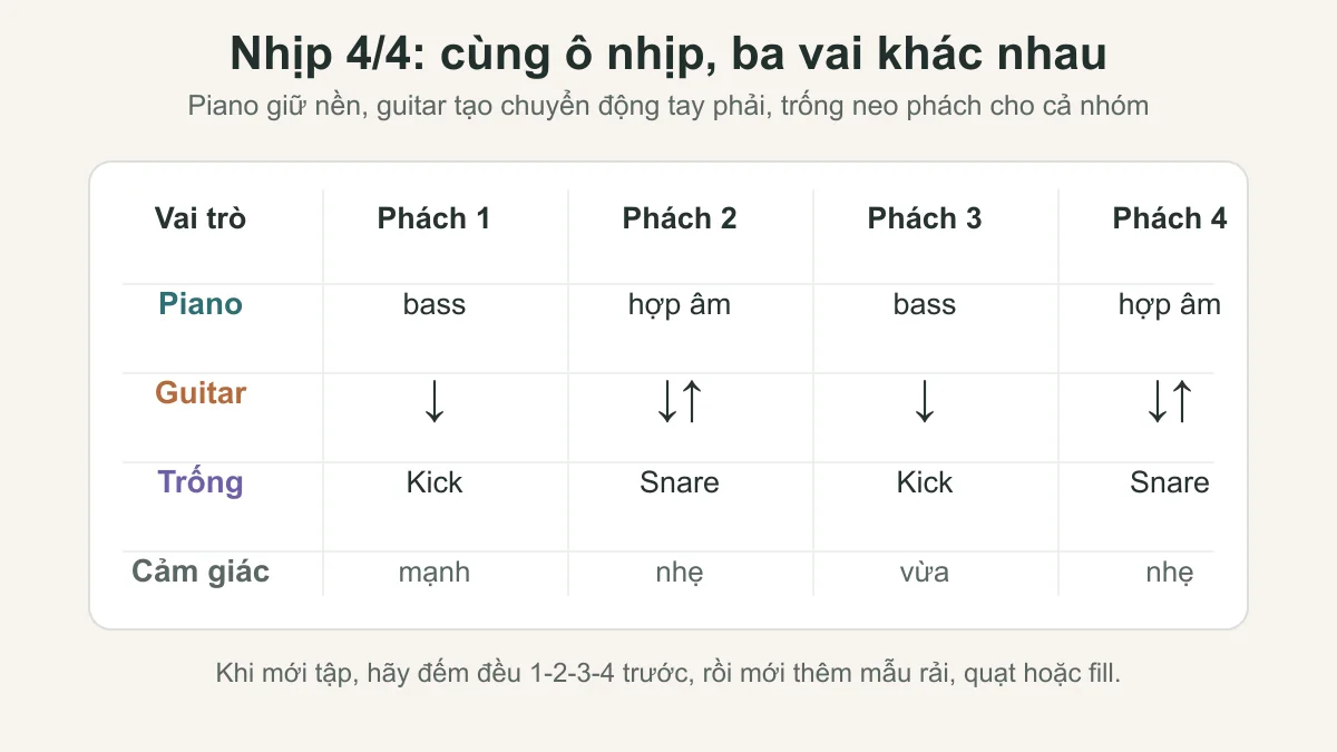Sơ đồ nhịp 4 trên 4 cho piano guitar và trống