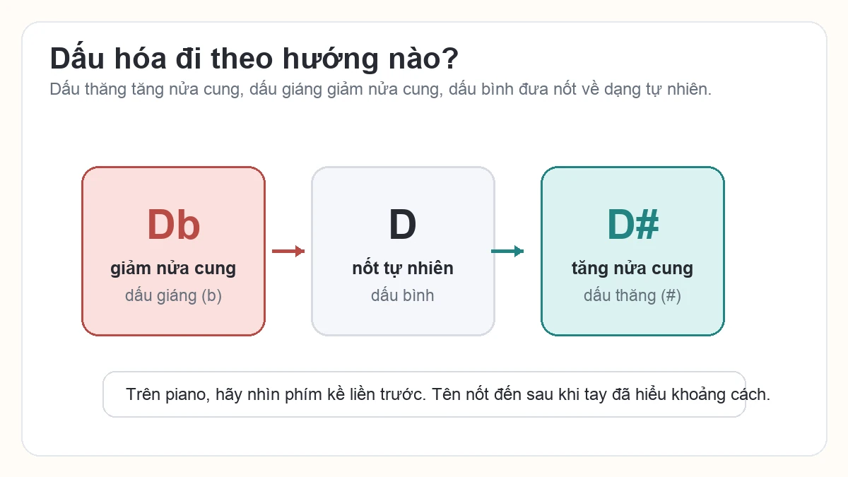 Sơ đồ dấu thăng dấu giáng và dấu bình trên nốt D