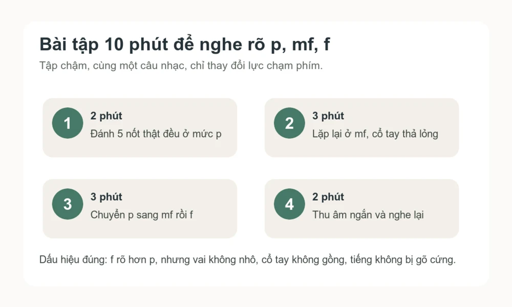 Lộ trình luyện 10 phút để chơi rõ sắc thái p, mf và f trên piano