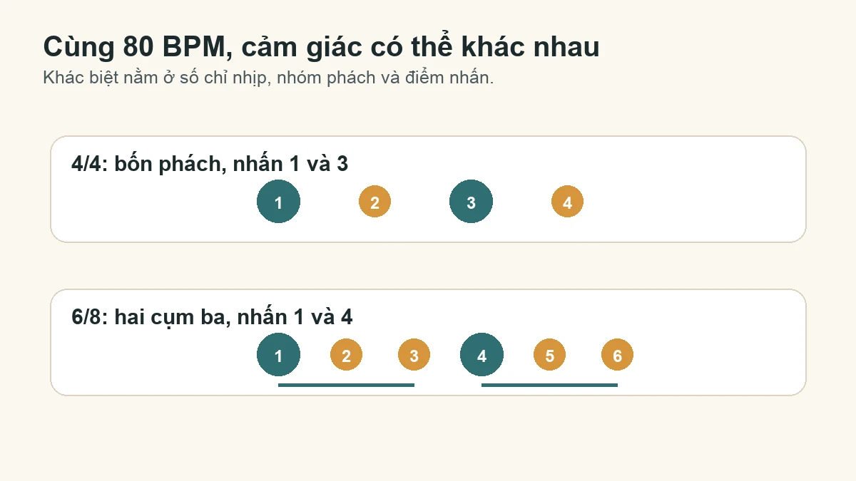Sơ đồ cùng 80 BPM nhưng 4/4 và 6/8 có nhóm phách khác nhau