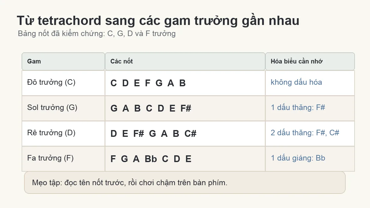 Bảng so sánh nốt của gam Đô trưởng Sol trưởng Rê trưởng và Fa trưởng