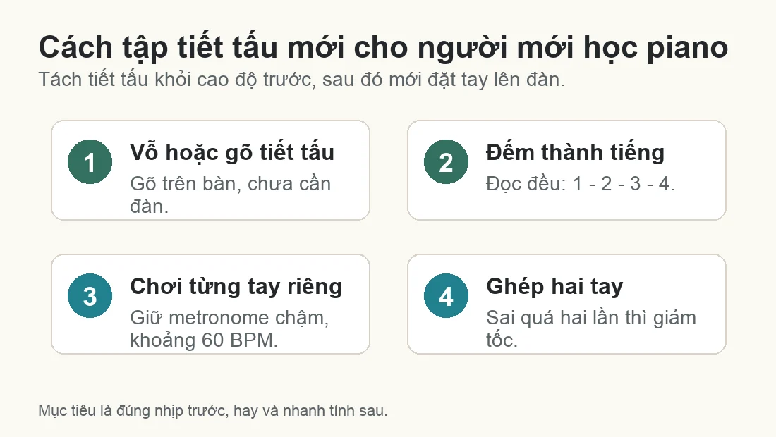 Quy trình bốn bước tập tiết tấu mới cho người mới học piano