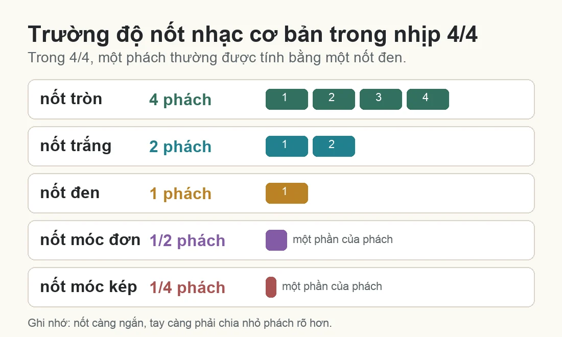 Bảng trường độ nốt nhạc cơ bản trong nhịp 4/4 cho người mới học piano