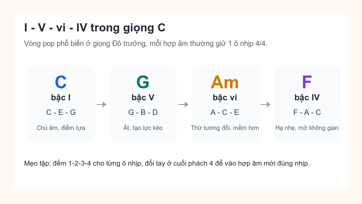 Sơ đồ vòng hòa thanh I - V - vi - IV trong giọng Đô trưởng với các hợp âm C G Am F