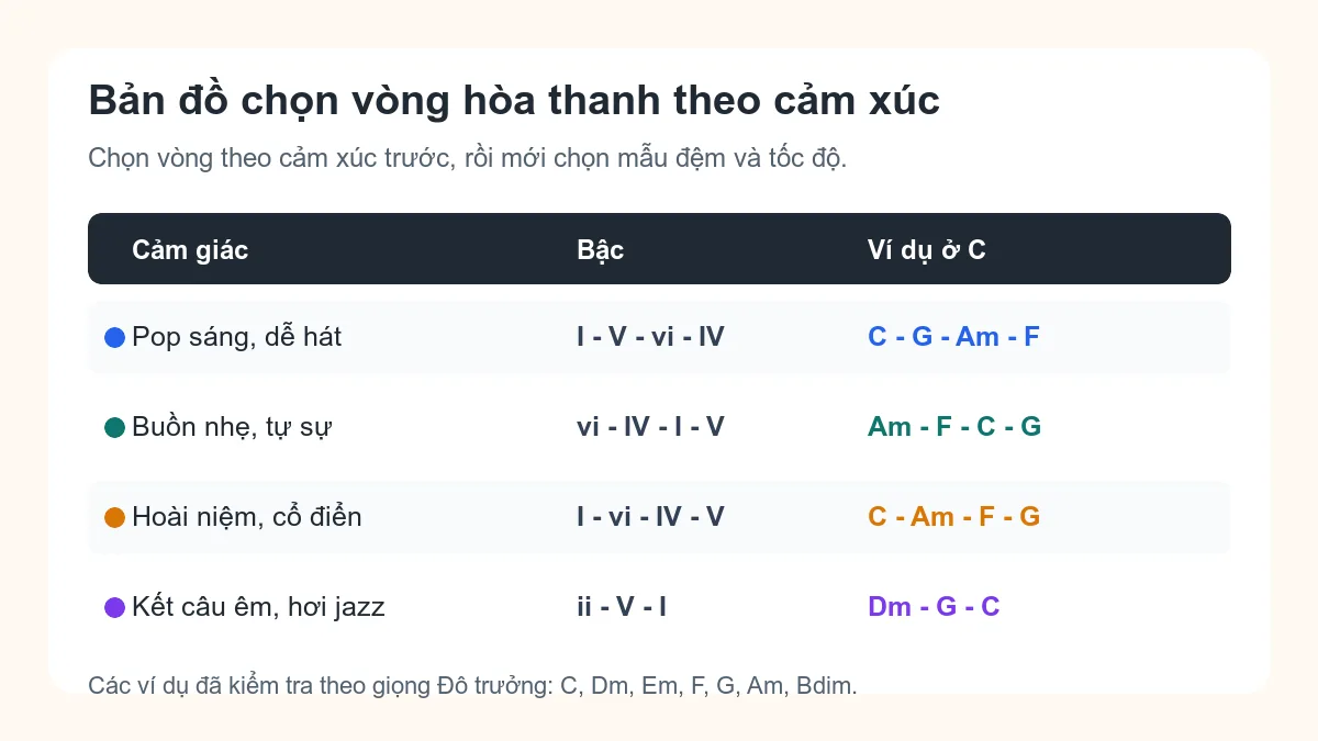 Bản đồ chọn vòng hòa thanh theo cảm xúc với ví dụ C G Am F và các vòng phổ biến
