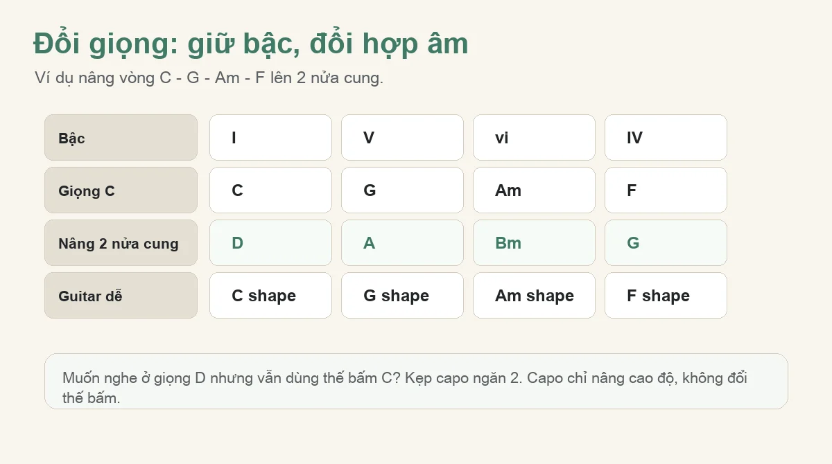 Sơ đồ đổi vòng hợp âm C - G - Am - F lên giọng D bằng capo 2